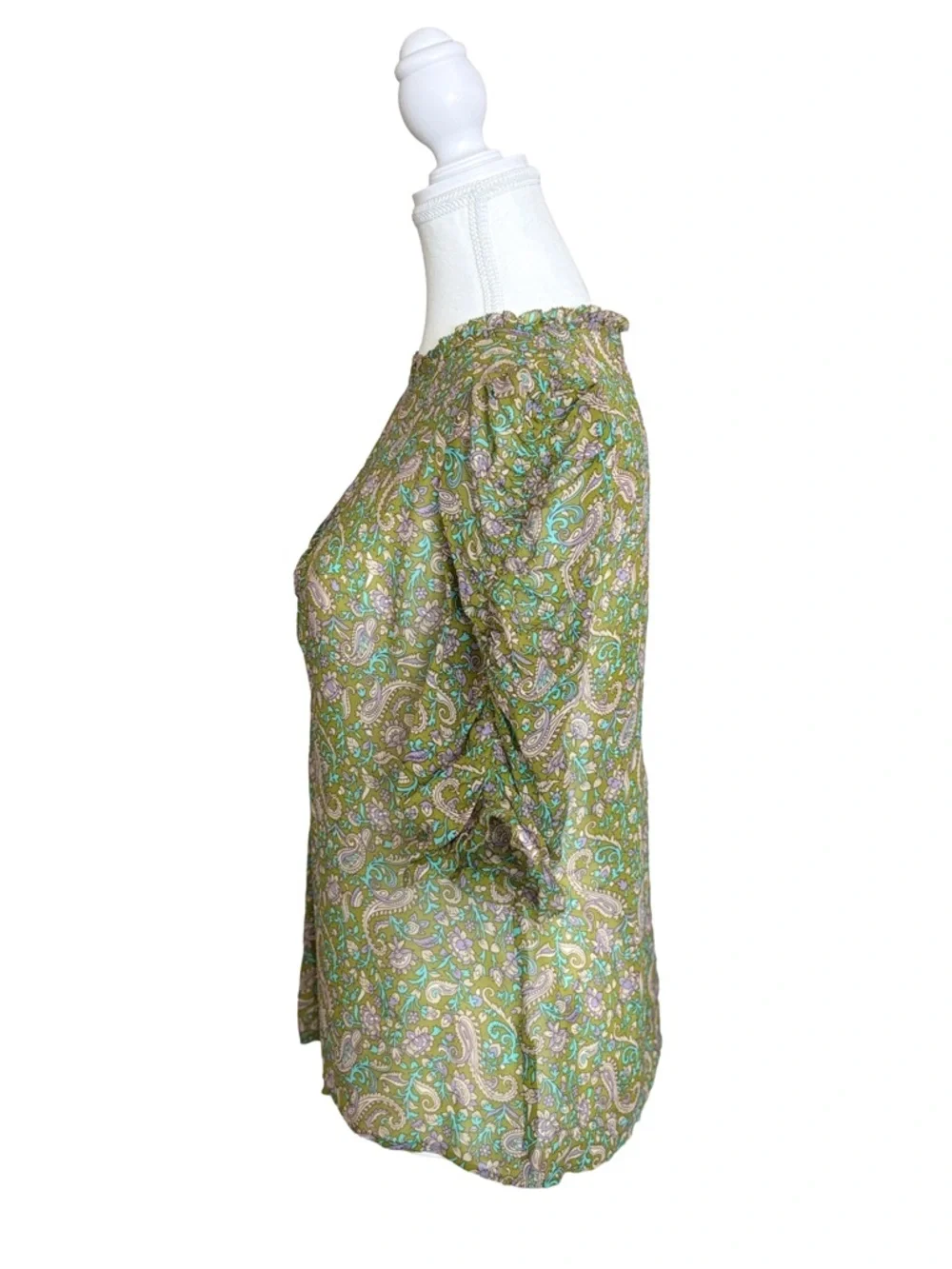 Veronica Beard Silk Paisley Blouse Green Ruffle Sleeve Top Size 8 - Picture 4 of 7